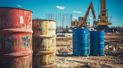 Stacked Barrels at Construction Site Under Bright Sun