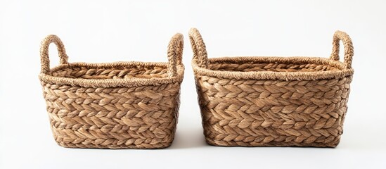 Natural plant fiber braided storage baskets with handles for home organization on white background