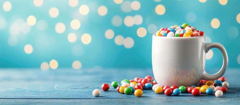 Colorful candy mug arrangement on blue background perfect for festive kid's holiday invitations and cheerful celebrations