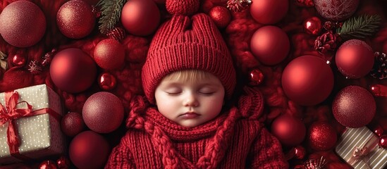 Fototapeta premium Sleeping baby boy in red sweater and hat surrounded by festive decorations and gifts creating a warm holiday atmosphere.