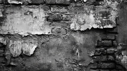 Textured black and white view of an aged brick wall featuring deteriorating plaster and visible wear and tear reflecting historical charm