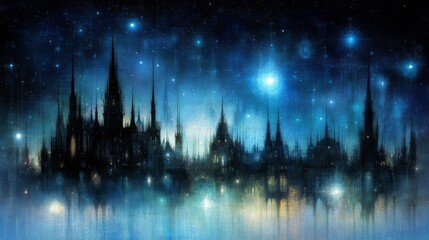 Fototapeta premium Nightfall Cityscape Gothic Architecture Under Starry Sky