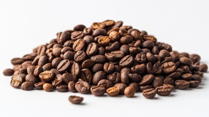 Fototapeta premium Aromatic roasted coffee beans piled on a clean white background showcasing rich texture and deep brown hues perfect for advertising coffee products