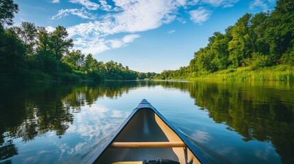 A picturesque canoeing adventure on a peaceful river, Canoe and paddles set against serene waters, River expedition style