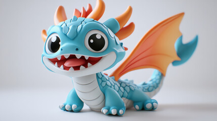 Fototapeta premium cute blue dragon character with big eyes, orange spikes, and playful expression. This charming creature features vibrant design and friendly demeanor, perfect for kids