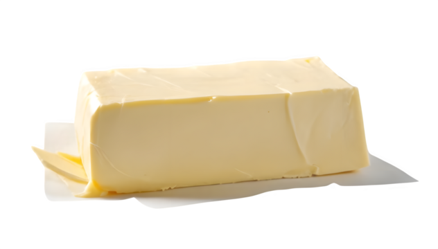 representation of a healthy slice of butter on paper, with a whole block of butter prominently displayed on a white background.