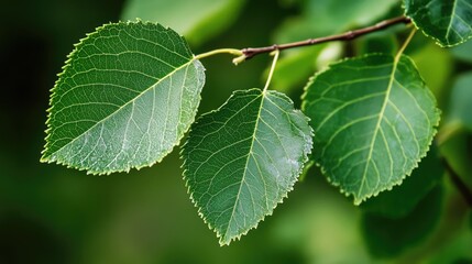 Fresh green leaves on a branch showcasing the beauty of nature and the intricate details of plant life in a serene environment