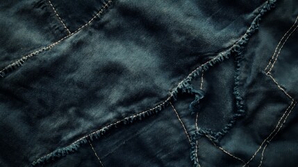 Fototapeta premium Close-up of dark blue denim fabric with visible stitching and frayed edges.