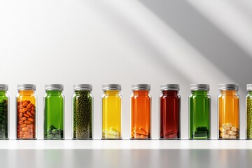 A vibrant display of colorful jars filled with various ingredients, showcasing an array of natural foods and spices against a minimalist background.