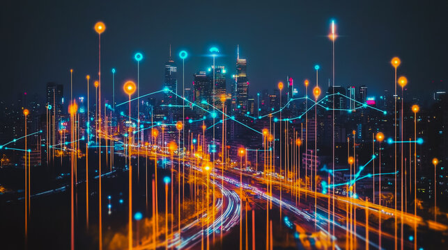 Abstract businesswoman stands on the peak of success Smart digital city with connection cyber security network reciprocity over the cityscape future wireless digital city and social media networking