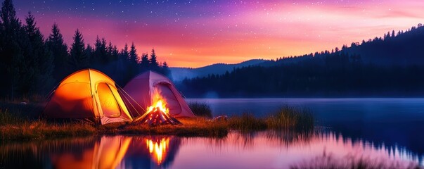 Obraz premium A serene campsite by a lake at sunset, featuring two tents and a warm campfire, surrounded by lush trees and reflecting colors on the water.