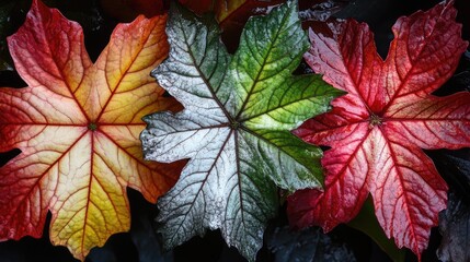 Colorful Snowflake Hibiscus Leaves in Three Distinct Hues Showcasing Nature's Beauty and Vibrancy Against a Dark Background