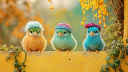 Three charming chicks perched on a yellow stone wall. The left chick is green with a soft tuft, the middle chick is pale orange wearing a light blue hat.