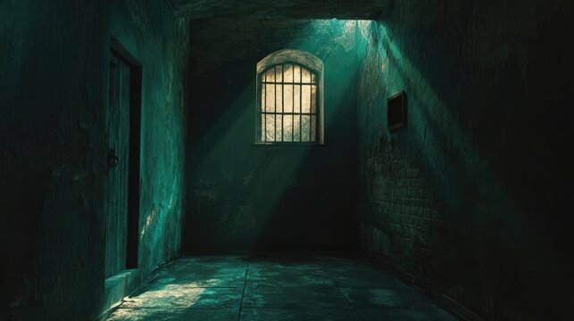 Abandoned dimly lit prison cell with sunlight streaming through barred window creating an eerie and atmospheric ambiance