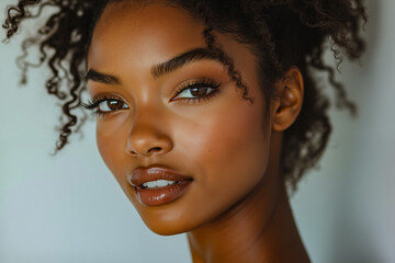A close up of a woman with curly hair and brown eyes