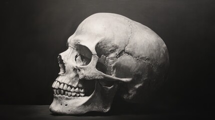 Detailed anatomical study of the left side of a human skull showcasing upper and lower jaw features against a dark background