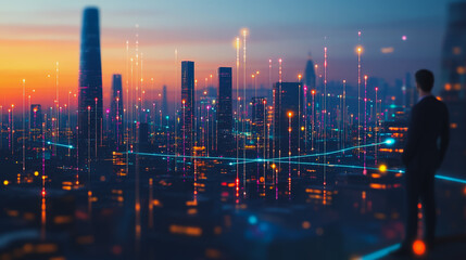 Fototapeta premium Abstract businesswoman stands on the peak of success Smart digital city with connection cyber security network reciprocity over the cityscape future wireless digital city and social media networking