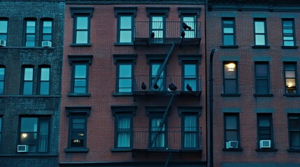 Fototapeta premium Birds perched on fire escape of brick city building at dusk.