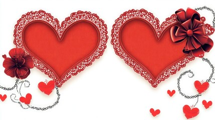 Two interconnected heart-shaped frames in a radiant red color scheme, delicately outlined with lace-like patterns of small circular loops. 
