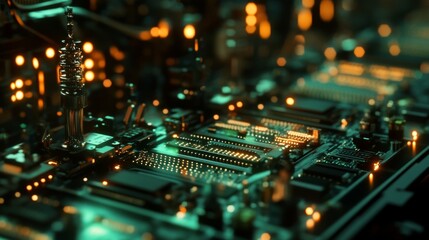 Obraz premium Close-up of illuminated circuit board with intricate details and glowing components.