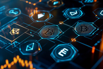 Futuristic HUD interface showcasing blockchain technology with a global network of polygon connections, cryptocurrency, and peer-to-peer fintech elements