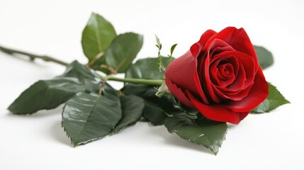 Naklejka premium Elegant single red rose lying on green leaves against a clean white background symbolizing love and beauty in floral arrangements