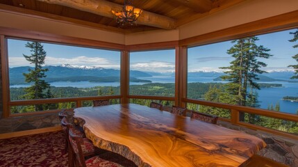 Fototapeta premium Panoramic Lake View Dining Room with Live Edge Table