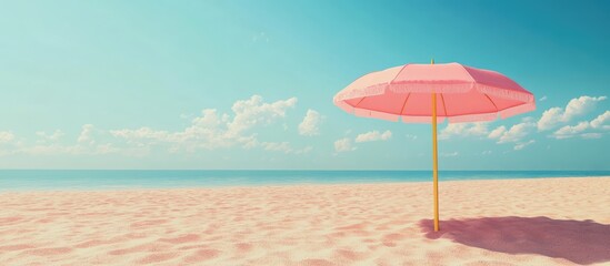 Serene beach scene featuring a pink umbrella under a clear blue sky casting a soft shadow on the sandy shore