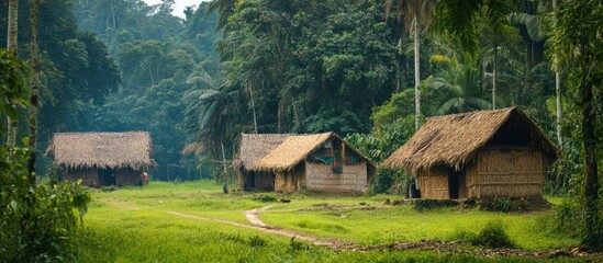 Village nestled in lush jungle surroundings with traditional huts and greenery under a serene sky