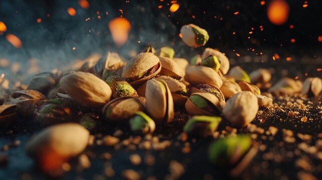 Roasted and salted pistachio nuts with smoke and sparks in a dramatic arrangement on a dark background