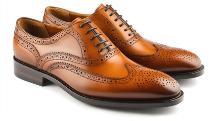 Stylish brown leather brogue shoes on a clean white background showcasing classic craftsmanship and elegance