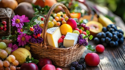 Festive basket of assorted fruits and gourmet cheeses surrounded by vibrant flowers on rustic wooden table setting