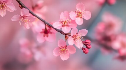 Obraz premium Delicate pink cherry blossoms on a branch displaying the beauty of spring nature in soft focus background.