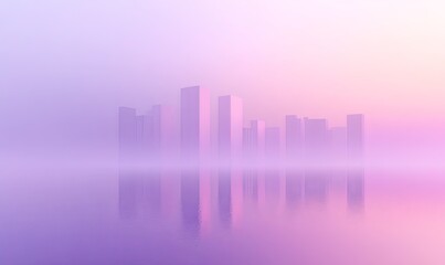 Obraz premium Dreamlike city skyline reflected in calm water, pastel pink and purple hues, misty atmosphere.