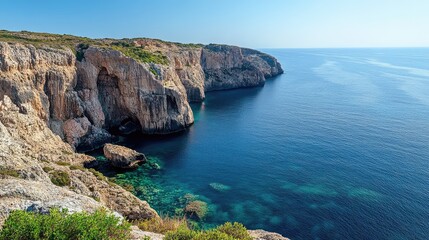 Fototapeta premium Scenic Coastal Cliffs with Tranquil Waters Ideal for Tourism and Excursions in a Beautiful Natural Landscape