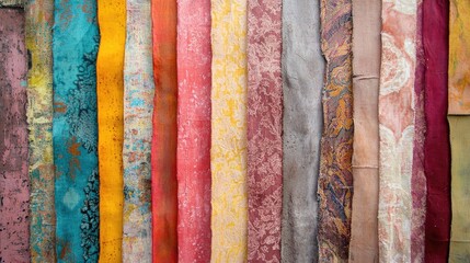 Colorful fabric strips displayed on a wall for decorative purposes or retail in a textile shop showcasing various textures and patterns
