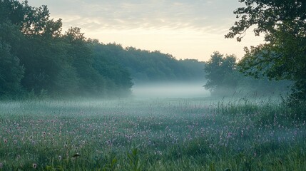 Misty Dawn Meadow Serene Landscape Wildflowers Fog