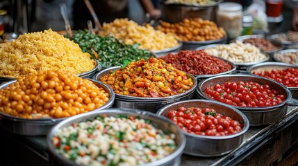 Obraz premium Vibrant display of colorful street food snacks in traditional market setting with a variety of flavors and textures showcased in bowls.