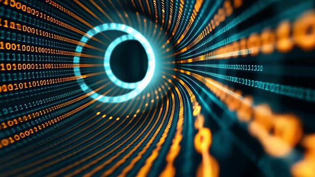 A vibrant blue and yellow background with various-sized circles and numbers scattered across it, Binary code spiraling into the shape of a vortex
