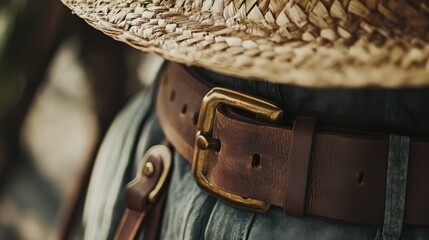 Detailed close-up of a rustic leather belt and woven straw hat highlighting craftsmanship and summer fashion elements.