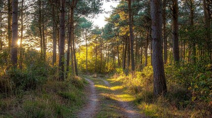 Fototapeta premium Sunset Forest Path Nature Trail Trees Woods Woodland Sunlight Autumn Golden Hour Pathway Dirt Road