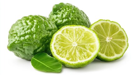Bergamot limes with cut section and fresh green leaves on a white background showcasing the fruit's texture and vibrant color