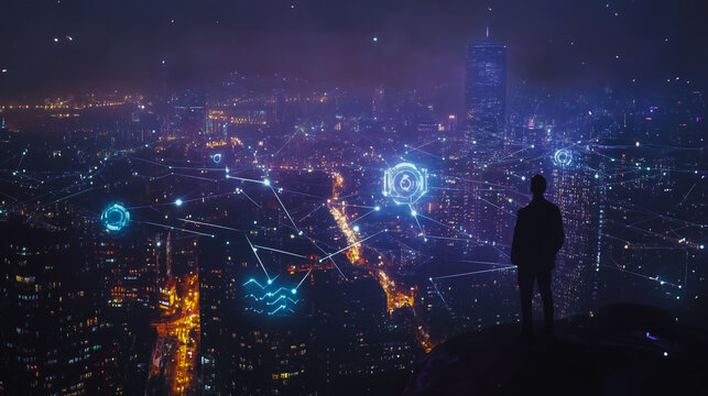 Abstract businesswoman stands on the peak of success Smart digital city with connection cyber security network reciprocity over the cityscape future wireless digital city and social media networking