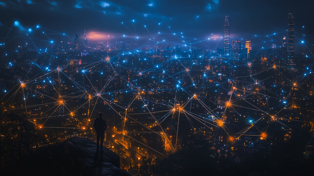 Abstract businesswoman stands on the peak of success Smart digital city with connection cyber security network reciprocity over the cityscape future wireless digital city and social media networking