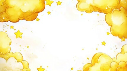 Watercolor yellow clouds and stars frame the background, in a cute cartoon style. In the middle of the page is white space on the edges, high resolution, no text.