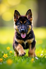 German Shepherd puppy playing in springtime meadow, snout exploration, blossom hunt
