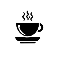 Coffee Cup Icon:  A simple and elegant silhouette of a steaming cup of coffee on a saucer. perfect for branding, websites, and social media.  