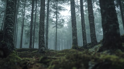 Fototapeta premium Misty forest floor perspective showcasing tall trees and the serene sky in a tranquil natural environment