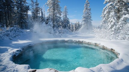 Winter Wonderland Hot Springs Snow Covered Pool Turquoise Water Frozen Forest