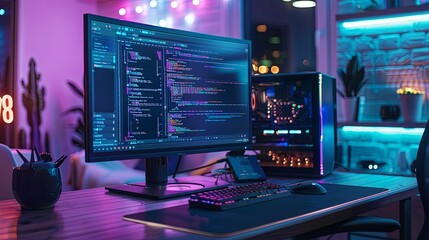 Programmer's Workstation: Neon-lit Desktop with Code Displayed on Monitor
